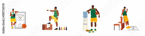 Set of flat vector illustrations featuring a basketball coach in various professional roles, including strategizing, leading training sessions, and managing the team.