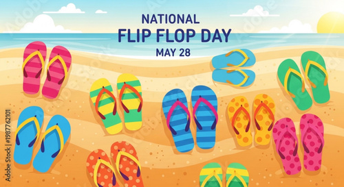 Colorful flip flops on sandy beach for national flip flop day on may 28 summer vacation and relaxation concept