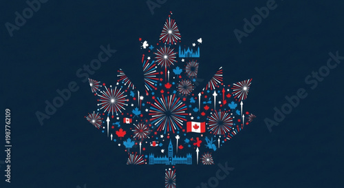 Vibrant canadian maple leaf with fireworks and flag on dark blue background celebrating national holiday