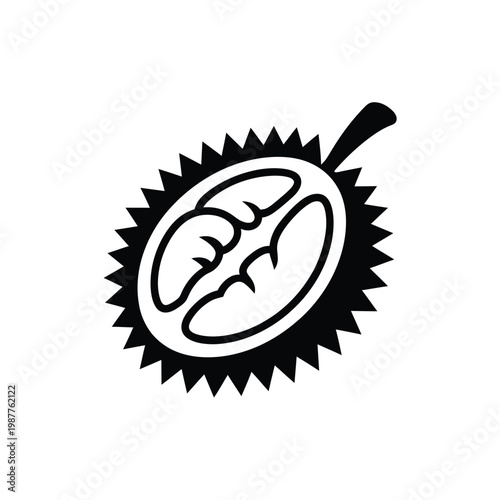 Black and white illustration of a durian fruit spiky exterior shown