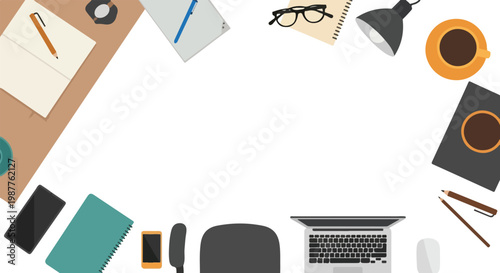 This top-down vector illustration depicts a modern office workspace layout with various stationery, tech gadgets, and coffee on a white background.