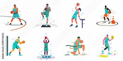 Set of diverse basketball player illustrations featuring dynamic action poses like dribbling, shooting, and jumping in a modern flat vector style.