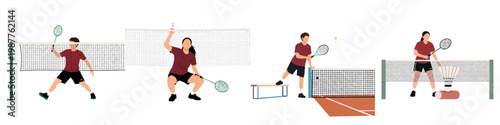 Collection of flat vector illustrations showing diverse male and female athletes playing badminton and tennis on white backgrounds.