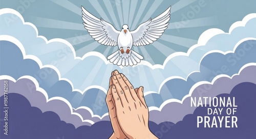 Praying hands with white dove flying above clouds on national day of prayer with sun rays shining through