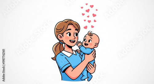 Mother holds baby with love and care surrounded by floating hearts expressing joy and affection