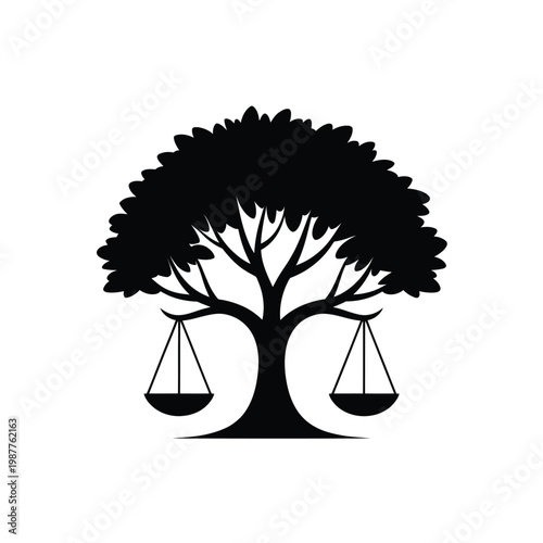 A stylized black tree with scales of justice hanging from its branches