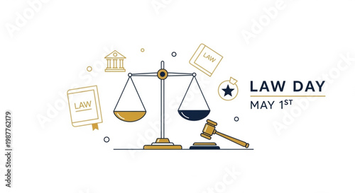 Law day may 1st illustration with scales gavel law book and courtroom symbols in gold and blue tones