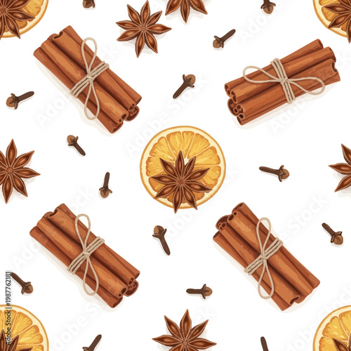 Spice arrangement cinnamon sticks star anise cloves and orange slices pattern