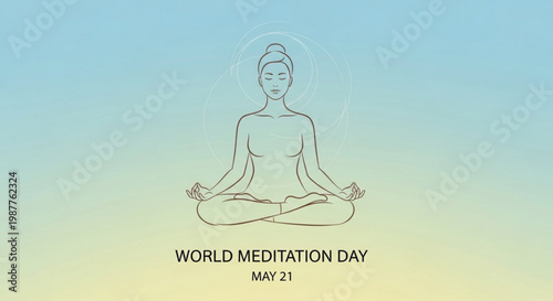 Serene woman meditates in lotus position on world meditation day may 21 promoting relaxation and mindfulness in a peaceful gradient background
