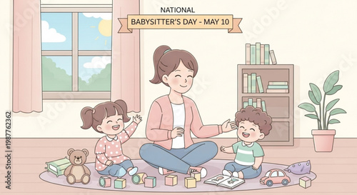 Babysitter plays with two happy children in a cozy home on national babysitter's day