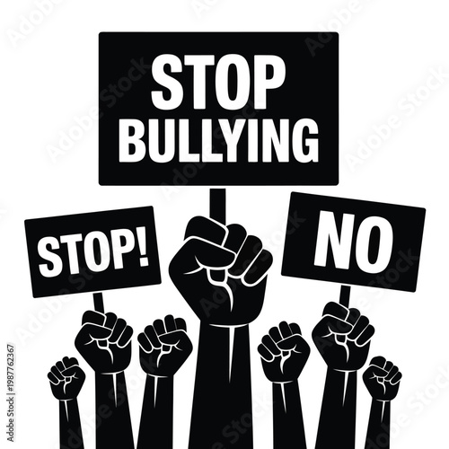 Protest against bullying with raised fists and signs demanding action