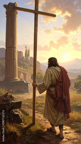 Man carrying cross on stone path.