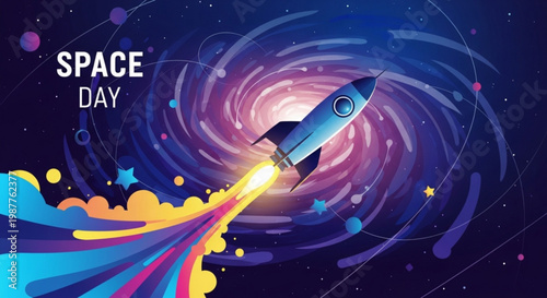 Rocket ship blasting off into space on space day with vibrant trail