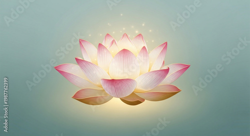 Glowing pink lotus flower with golden light on soft green background symbolizing serenity and spiritual growth