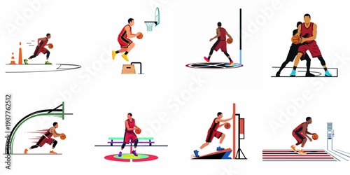 Collection of Basketball Player Illustrations Showcasing Various Training Drills and Agility Exercises for Professional Sports Skill Development and Athletic Performance Improvement.