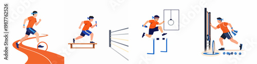 Flat vector illustration of a man participating in various sports and fitness activities including running, relay racing, and hurdling.