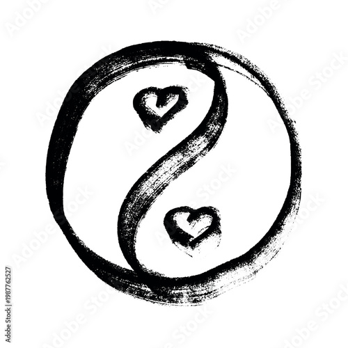 Hand drawn yin yang symbol with hearts Zen and Tao Harmony and balance Black and white yin and yang sign Taichi, Taoism, Buddhism, Japan, Chinese, Asian, yoga, meditation, karma, peace, dualism