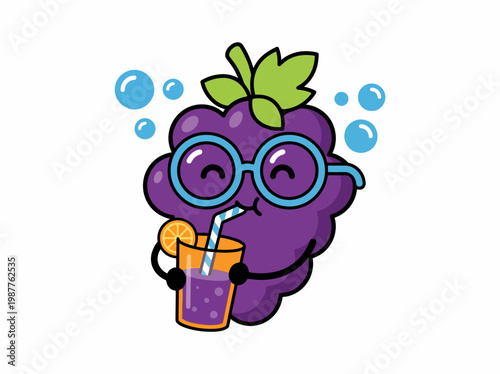 Adorable vector grape character illustration wearing glasses, happily enjoying a refreshing fruit juice with a straw and orange slice graphic design.