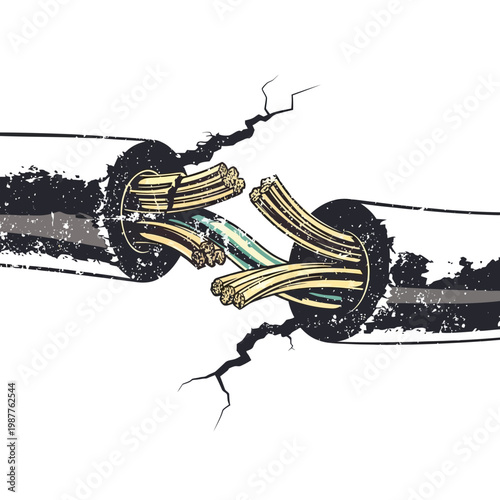 Broken Electrical Cable with Exposed Wires and Cracks