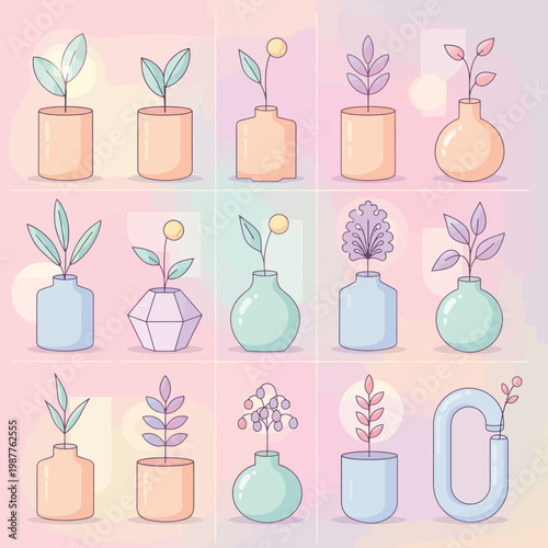 Collection of potted plants in various aesthetically pleasing vases against a soft pastel gradient background, perfect for home decor and botanical themes