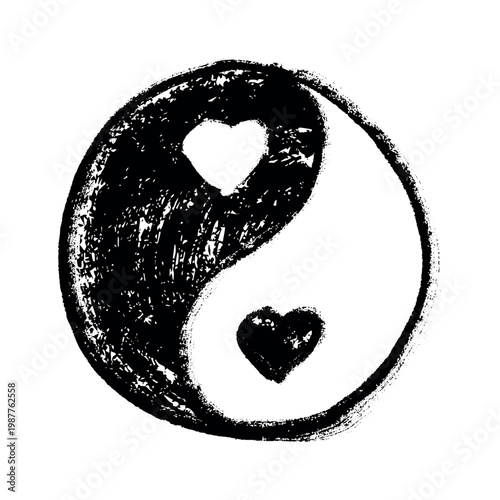 Hand drawn yin yang symbol with hearts Zen and Tao Harmony and balance Black and white yin and yang sign Taichi, Taoism, Buddhism, Japan, Chinese, Asian, yoga, meditation, karma, peace, dualism