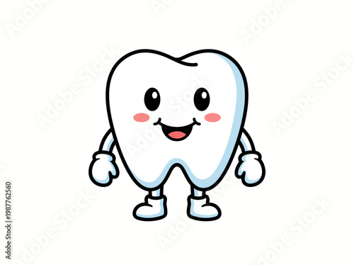 Cute mascot design featuring a happy smiling tooth character created as a clean flat vector graphic for pediatric dental clinics