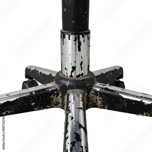 Close-up of a worn and scratched office chair base with wheels