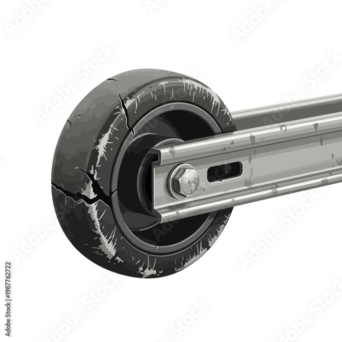 Damaged industrial wheel on metal rail