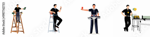 Set of flat illustrations featuring sports referees and umpires for tennis, volleyball, basketball, and table tennis on a white background.