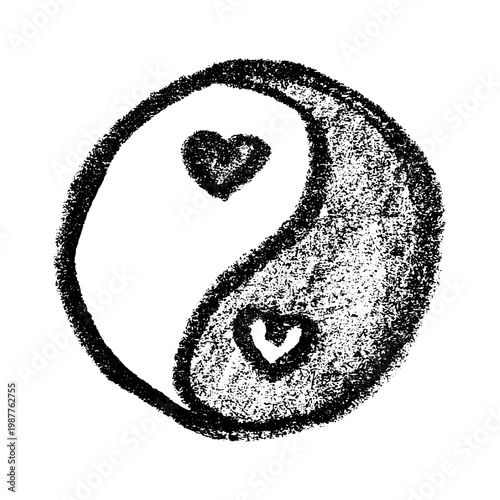 Hand drawn yin yang symbol with hearts Zen and Tao Harmony and balance Black and white yin and yang sign Taichi, Taoism, Buddhism, Japan, Chinese, Asian, yoga, meditation, karma, peace, dualism