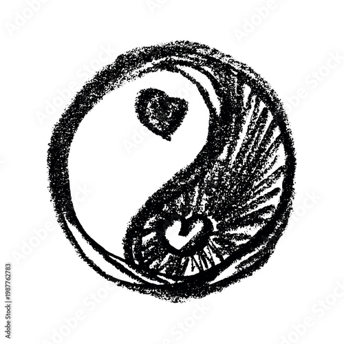 Hand drawn yin yang symbol with hearts Zen and Tao Harmony and balance Black and white yin and yang sign Taichi, Taoism, Buddhism, Japan, Chinese, Asian, yoga, meditation, karma, peace, dualism