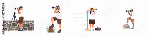 Flat vector illustration set of professional male photographers in various outdoor poses using digital cameras with telephoto lenses.