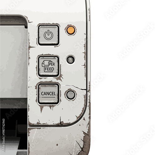 Old, broken printer control panel with power, feed, and cancel buttons