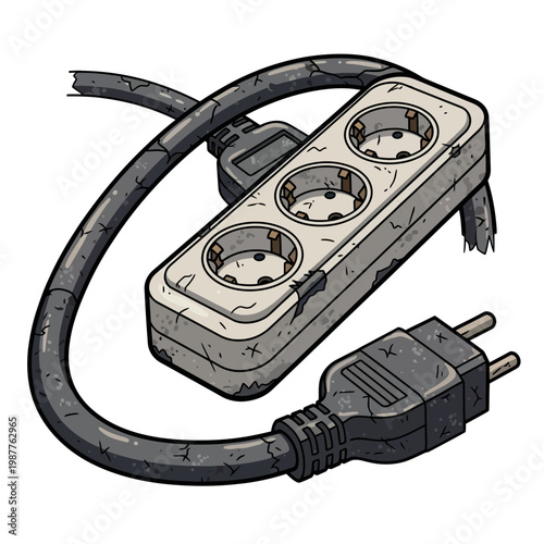 Old, worn power strip with multiple outlets and plug, isolated on white