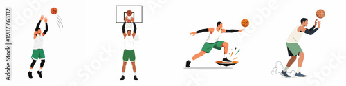 Set of minimalist flat vector illustrations of male basketball players in various action poses like shooting, dribbling, and training, isolated on white background.