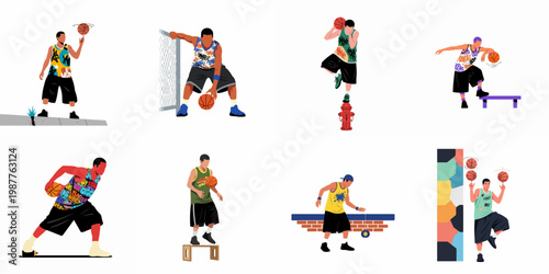 Collection of street basketball characters performing tricks and dribbling in graffiti style clothing, isolated on a white background.
