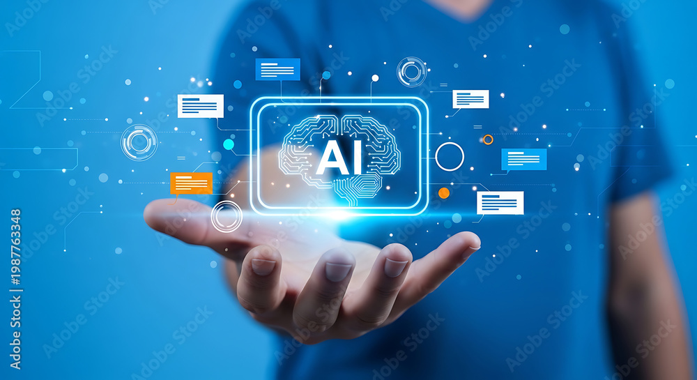Fototapeta premium Artificial intelligence concept with hand holding glowing brain icon