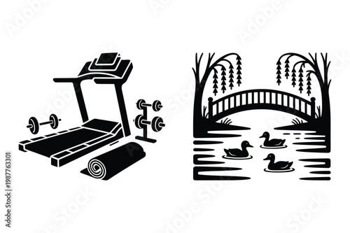 Fitness equipment and serene pond scene with bridge and ducks vector silhouettes