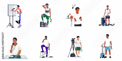 Diverse Male Professionals in Sports Media and Broadcasting Occupations Flat Illustration Set