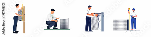 Illustrations of sports officials and maintenance workers measuring and setting up a tennis net, including height checks and tension adjustments.