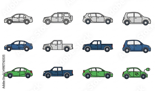Minimal Line Cars Icon Set Isolated Vector Transportation Symbols