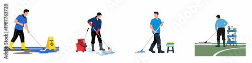 Set of professional janitors mopping floors in different scenarios, featuring cleaning equipment like buckets, caution signs, and supply carts.