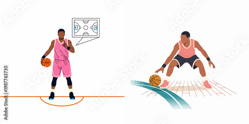 Flat vector illustration of a male basketball player dribbling and showing game tactics with a court diagram, set on a white background.