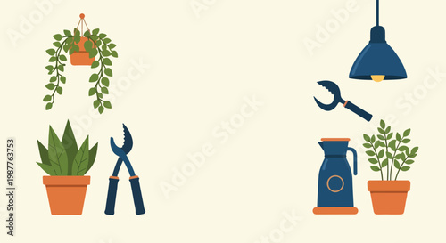 A flat vector illustration displays various gardening essentials, including potted plants, hanging greenery, shears, and a watering can.
