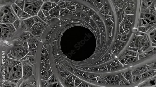 Abstract metallic structure with a spiral design and a dark central void in the middle