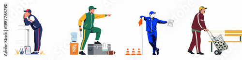 Collection of professional sports coaches in various action poses, managing training equipment and instructing athletes, isolated flat vector illustration set.