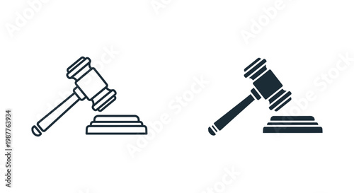 Minimalist judge gavel icons in outline and solid styles representing law, justice, and auction proceedings on a white background.