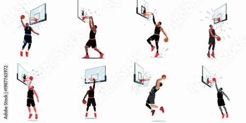 Set of vector illustrations depicting basketball players performing powerful slam dunks and shattering glass backboards on a white background.