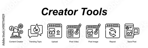 Creator Tools banner web icon vector illustration concept with an icon of Content Creator, Trending Topic, Upload, Post Video, Post Image, Repost, Save Post