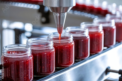red fruit jam being filled into glass jars on factory conveyor belt
